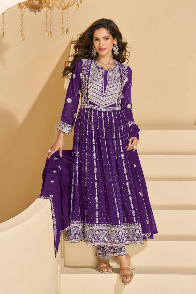Free Size Stitched Purple Embroidered Georgette Anarkali Suits (ACA8128)