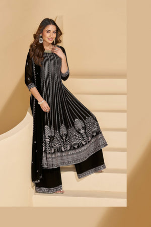 Free Size Stitched Black Embroidered Georgette Palazzo Suits (ACA8129)