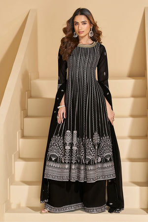 Free Size Stitched Black Embroidered Georgette Palazzo Suits (ACA8129)