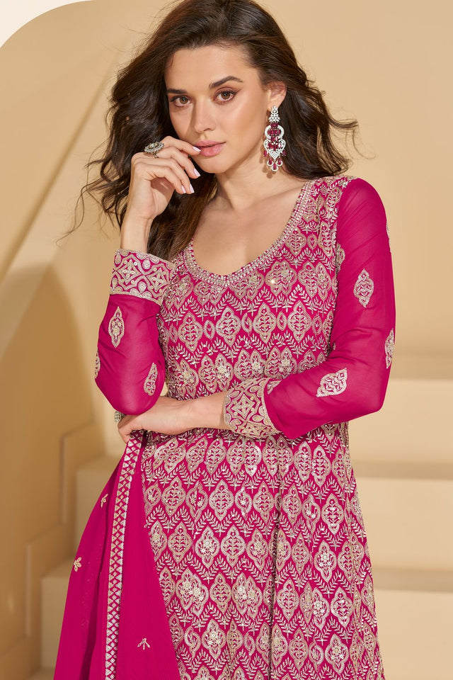 Free Size Stitched Pink Sequin with Embroidered Georgette Sharara Suits (ACA8130)