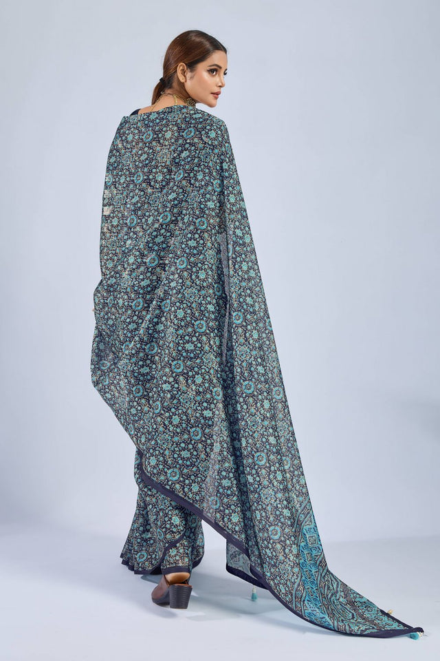 Blue Ajrakh Printed Chiffon Saree (ACA8139)