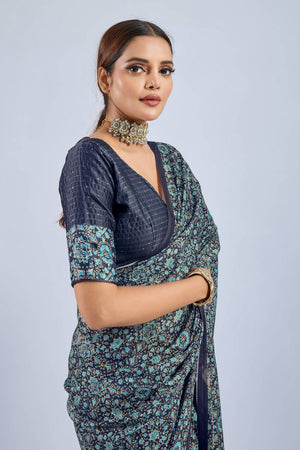 Blue Ajrakh Printed Chiffon Saree (ACA8139)