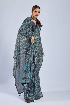 Blue Ajrakh Printed Chiffon Saree (ACA8139)