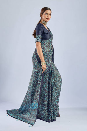 Blue Ajrakh Printed Chiffon Saree (ACA8139)