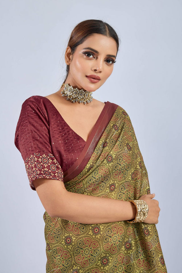 Mustard Ajrakh Printed Chiffon Saree (ACA8140)