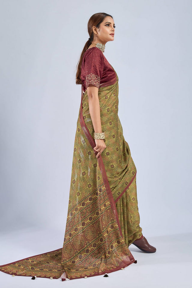 Mustard Ajrakh Printed Chiffon Saree (ACA8140)
