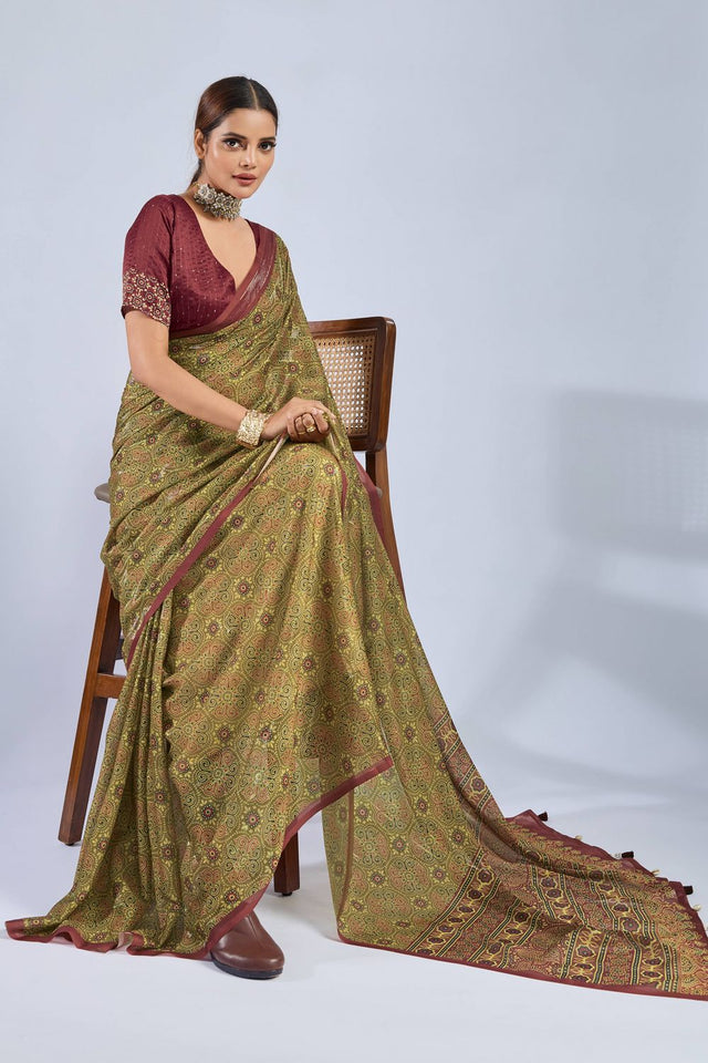 Mustard Ajrakh Printed Chiffon Saree (ACA8140)