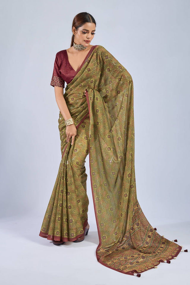 Mustard Ajrakh Printed Chiffon Saree (ACA8140)