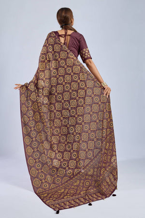 Maroon Ajrakh Printed Chiffon Saree (ACA8141)