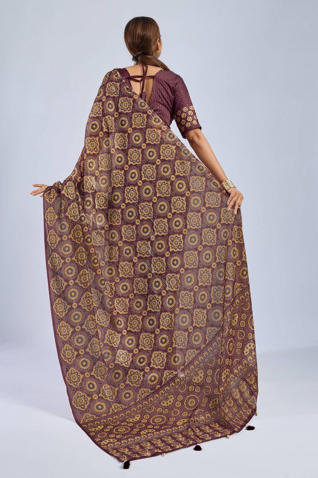 Maroon Ajrakh Printed Chiffon Saree (ACA8141)