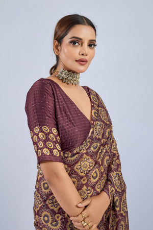 Maroon Ajrakh Printed Chiffon Saree (ACA8141)