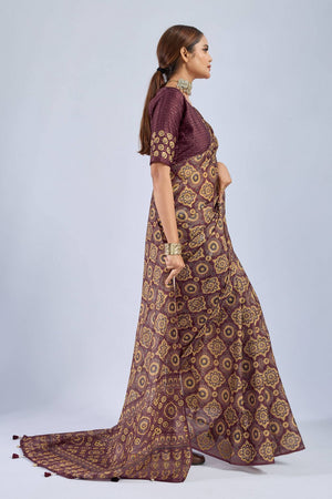 Maroon Ajrakh Printed Chiffon Saree (ACA8141)