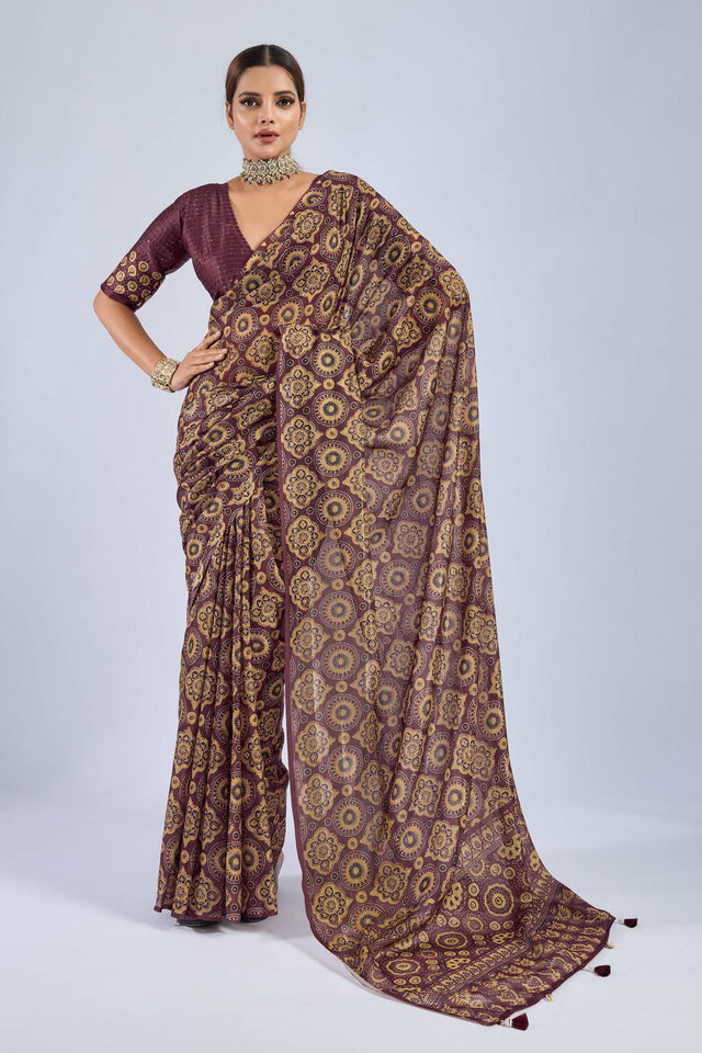 Maroon Ajrakh Printed Chiffon Saree (ACA8141)