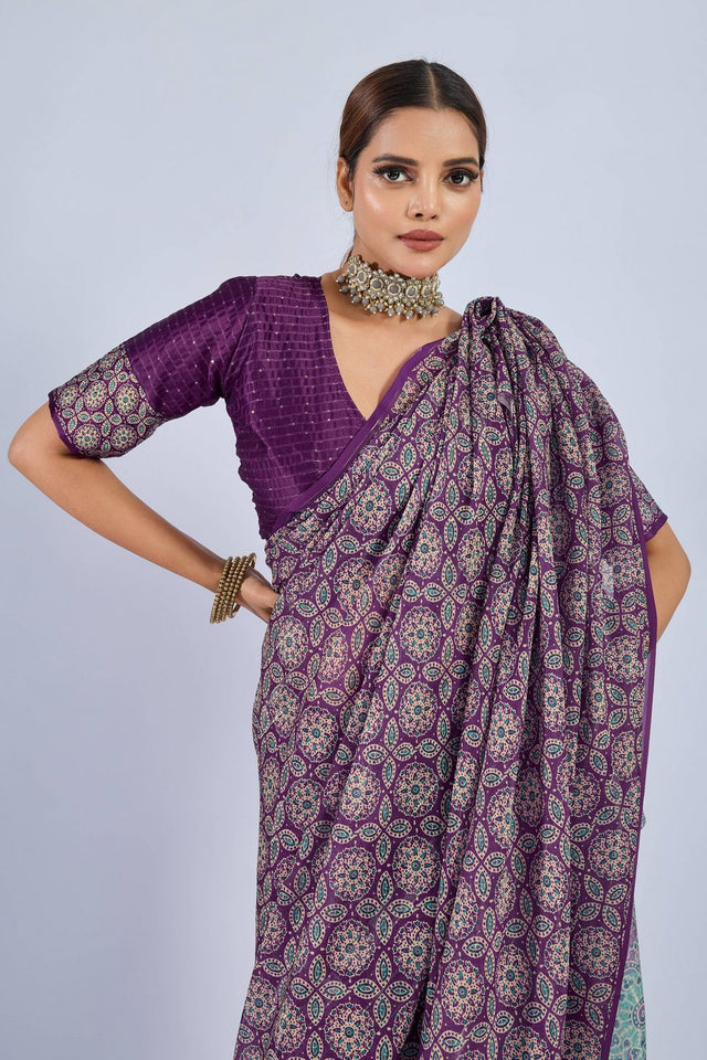 Violet Ajrakh Printed Chiffon Saree (ACA8142)