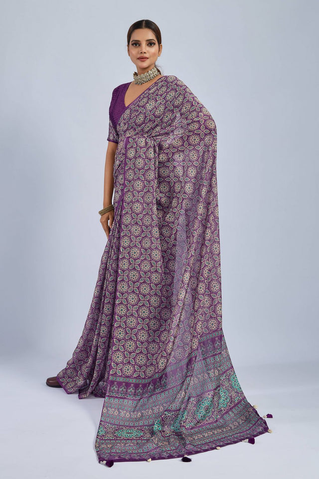 Violet Ajrakh Printed Chiffon Saree (ACA8142)