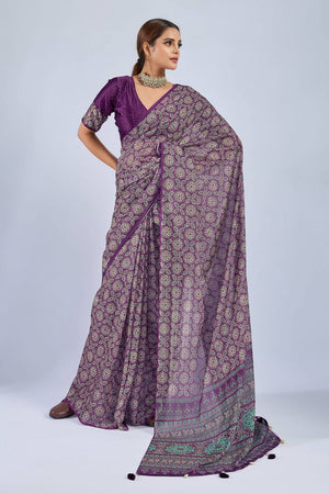 Violet Ajrakh Printed Chiffon Saree (ACA8142)