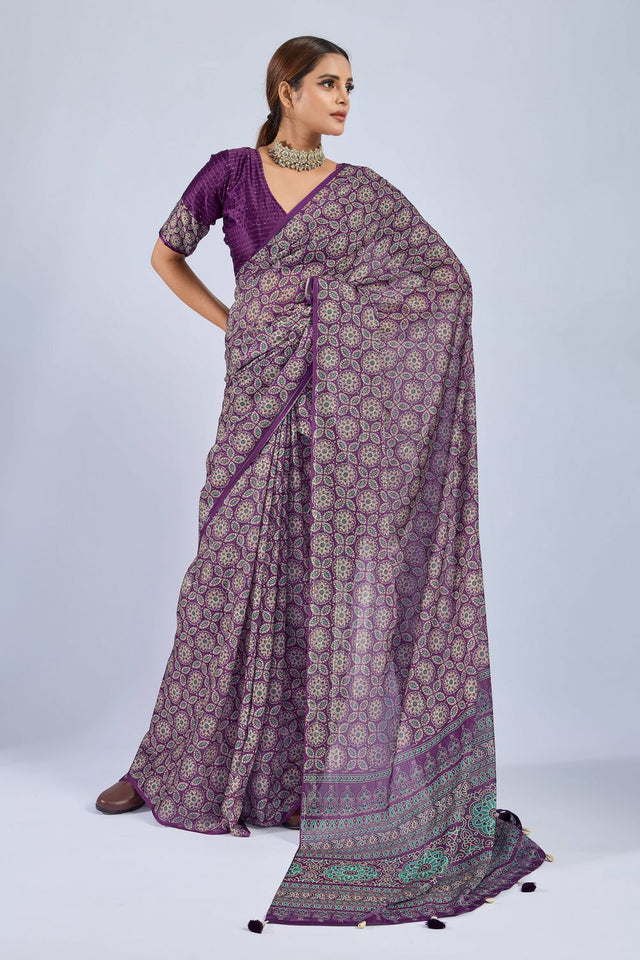 Violet Ajrakh Printed Chiffon Saree (ACA8142)
