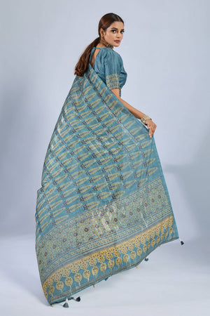 Blue Ajrakh Printed Chiffon Saree (ACA8143)