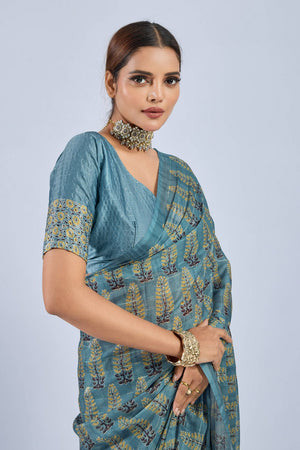Blue Ajrakh Printed Chiffon Saree (ACA8143)