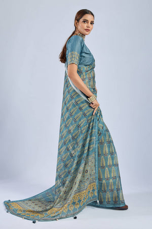 Blue Ajrakh Printed Chiffon Saree (ACA8143)