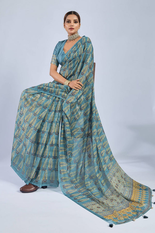Blue Ajrakh Printed Chiffon Saree (ACA8143)