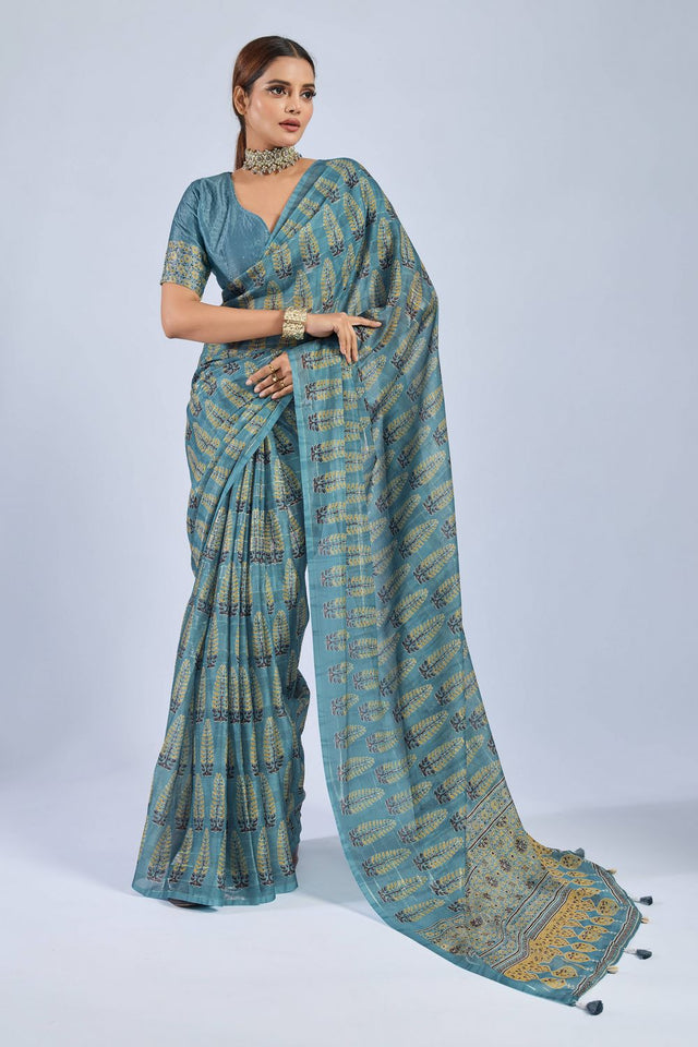 Blue Ajrakh Printed Chiffon Saree (ACA8143)