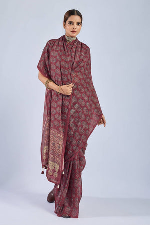 Maroon Ajrakh Printed Chiffon Saree (ACA8144)
