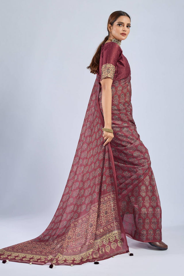 Maroon Ajrakh Printed Chiffon Saree (ACA8144)