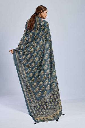 Green Ajrakh Printed Chiffon Saree (ACA8145)
