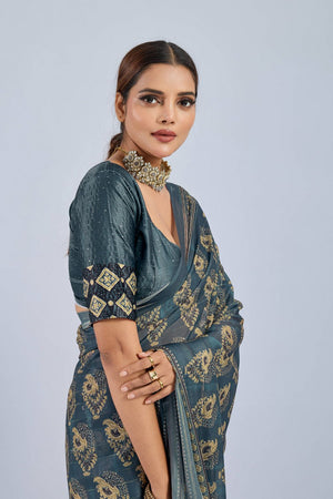 Green Ajrakh Printed Chiffon Saree (ACA8145)