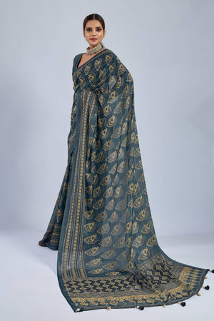 Green Ajrakh Printed Chiffon Saree (ACA8145)