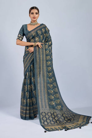 Green Ajrakh Printed Chiffon Saree (ACA8145)
