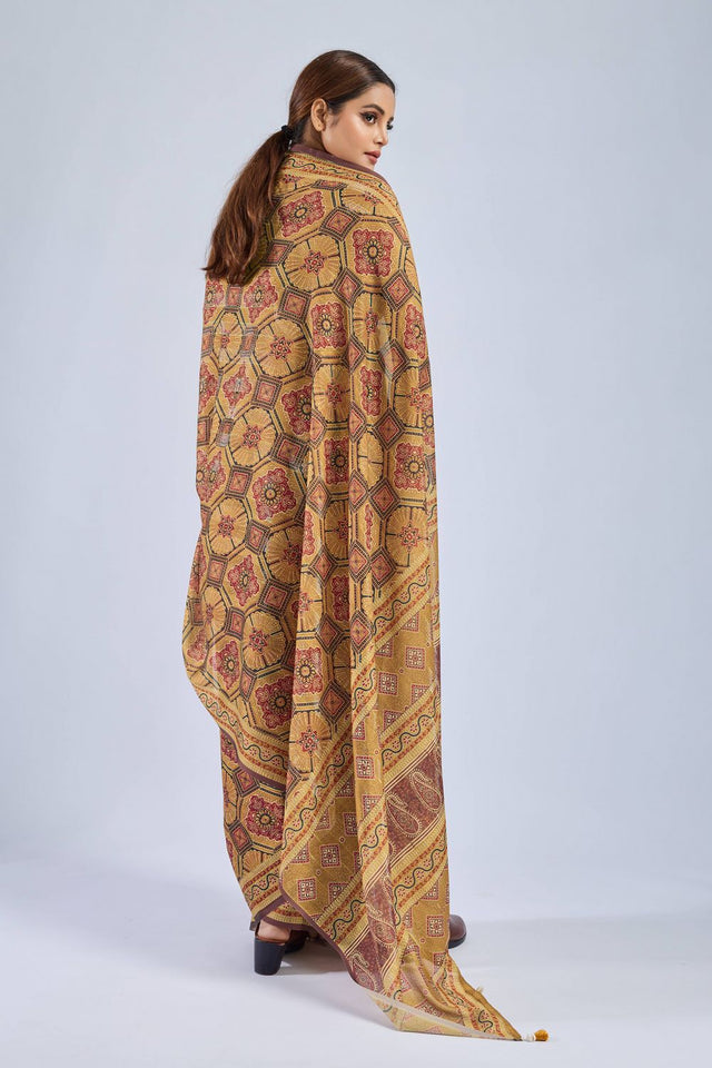 Yellow Ajrakh Printed Chiffon Saree (ACA8146)