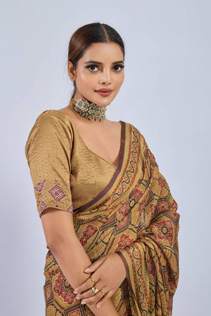Yellow Ajrakh Printed Chiffon Saree (ACA8146)