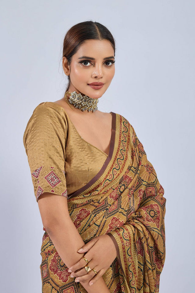 Yellow Ajrakh Printed Chiffon Saree (ACA8146)