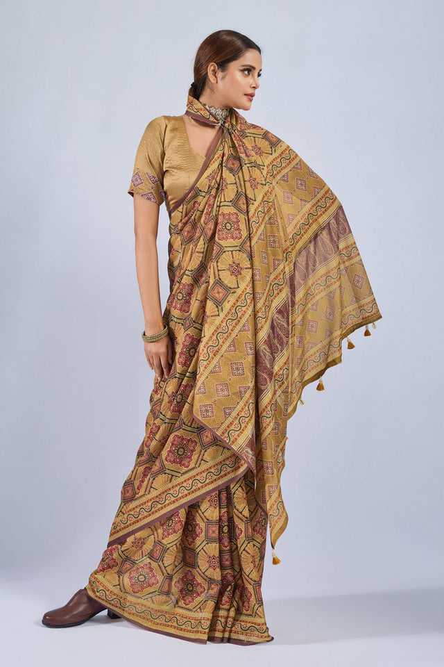 Yellow Ajrakh Printed Chiffon Saree (ACA8146)