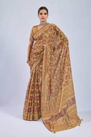 Yellow Ajrakh Printed Chiffon Saree (ACA8146)