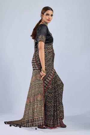 Black Ajrakh Printed Chiffon Saree (ACA8147)