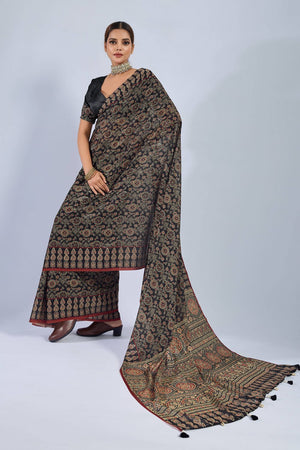 Black Ajrakh Printed Chiffon Saree (ACA8147)