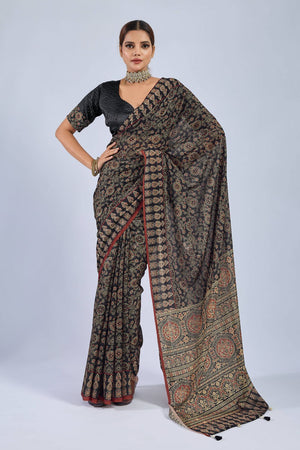 Black Ajrakh Printed Chiffon Saree (ACA8147)