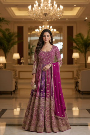 Free Size Stitched Magenta Floral Embroidered Georgette Gown (ACA8148)