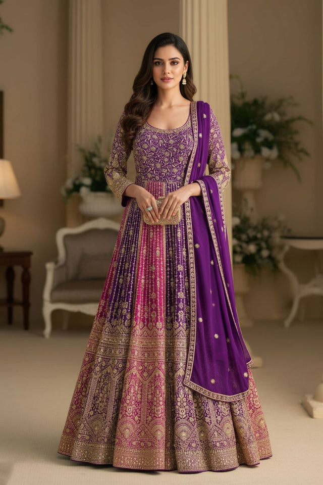 Free Size Stitched Purple Floral Embroidered Georgette Gown (ACA8149)