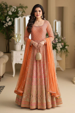 Free Size Stitched Orange Embroidered Georgette Gown (ACA8150)