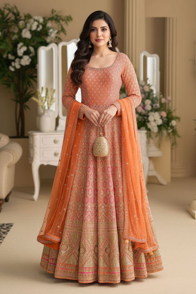 Free Size Stitched Orange Embroidered Georgette Gown (ACA8150)