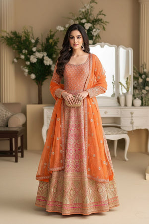 Free Size Stitched Orange Embroidered Georgette Gown (ACA8150)