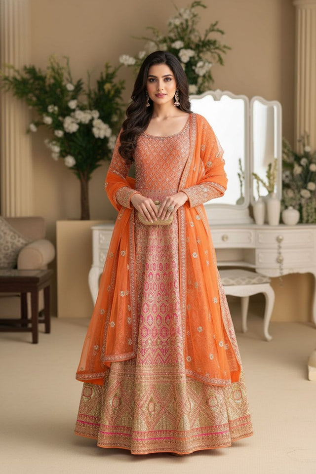 Free Size Stitched Orange Embroidered Georgette Gown (ACA8150)