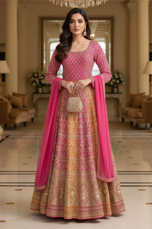 Free Size Stitched Pink Embroidered Georgette Gown (ACA8151)