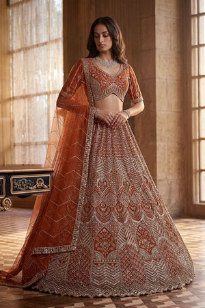 Orange Embroidered Net Lehenga (ACA8171)