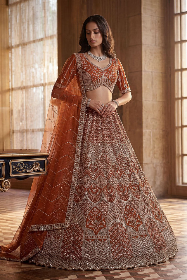 Orange Embroidered Net Lehenga (ACA8171)