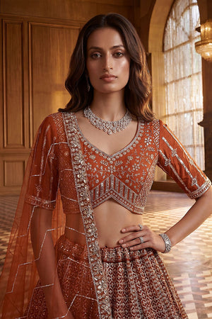 Orange Embroidered Net Lehenga (ACA8171)